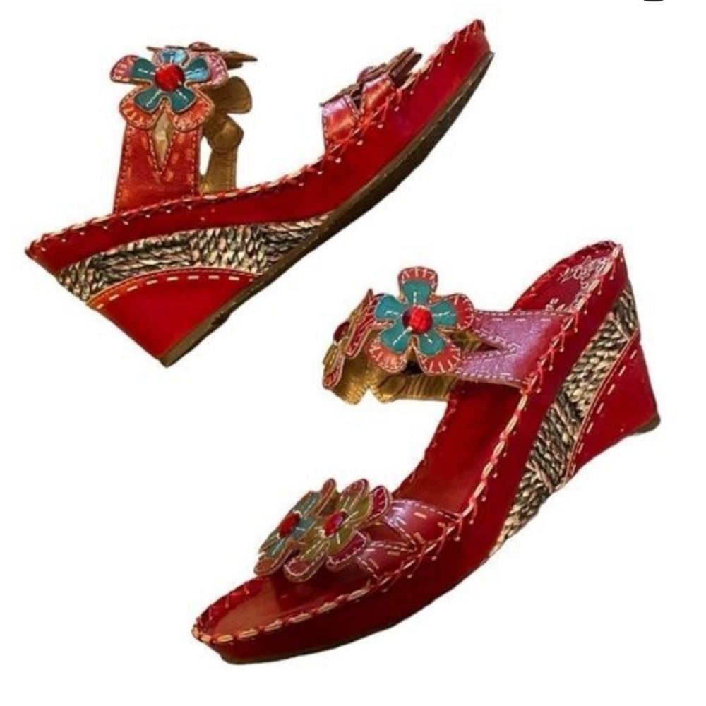 SPRING STEP L'ARTISTE RED FLORAL GEM EMPLESHED LEATHER WEDGE SANDALS 38